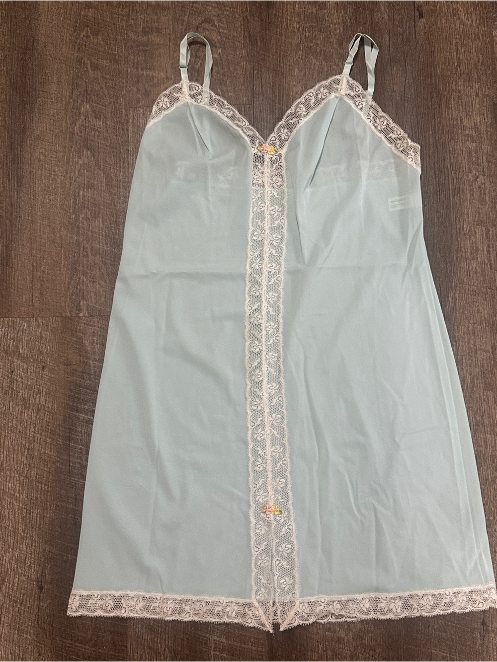 Vintage Maiden form Blue Lace Nylon Lingerie Slip Nightgown Made In USA Size 34